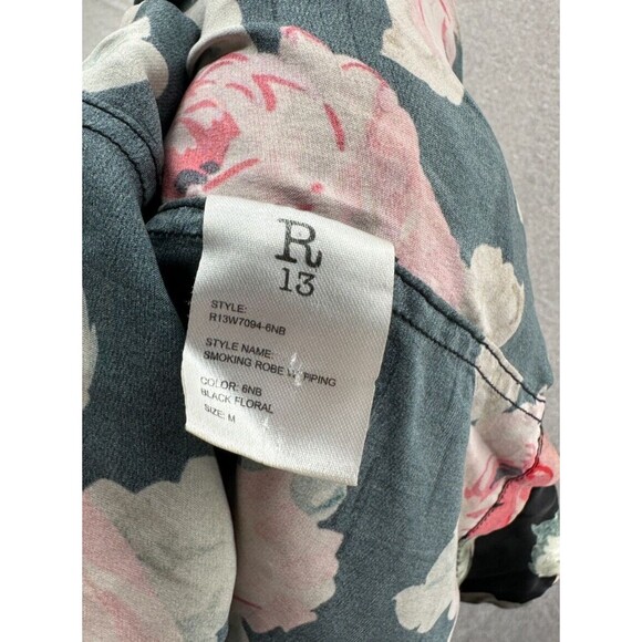 R13 Silk Smoking Robe With Piping Black Floral Leopard Print Size M Tie Belt - Picture 14 of 16